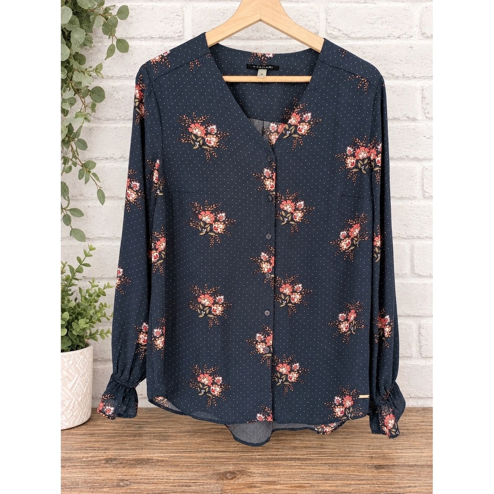 T Tahari Blouse Women Medium Gray Floral Polka Dot Long Sleeve V-Neck